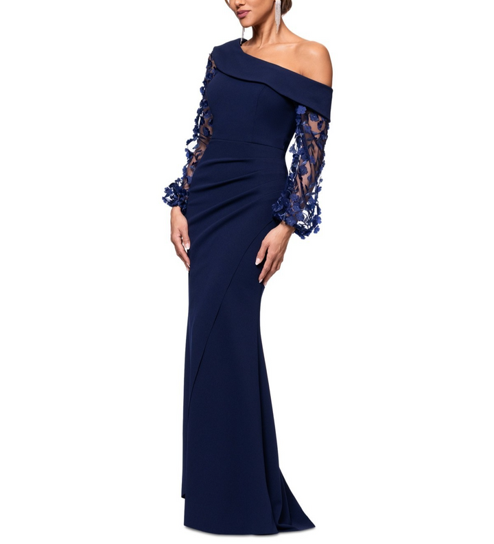 XSCAPE Off-The-Shoulder Floral-Sleeve Scuba Crepe Gown MSRP $299