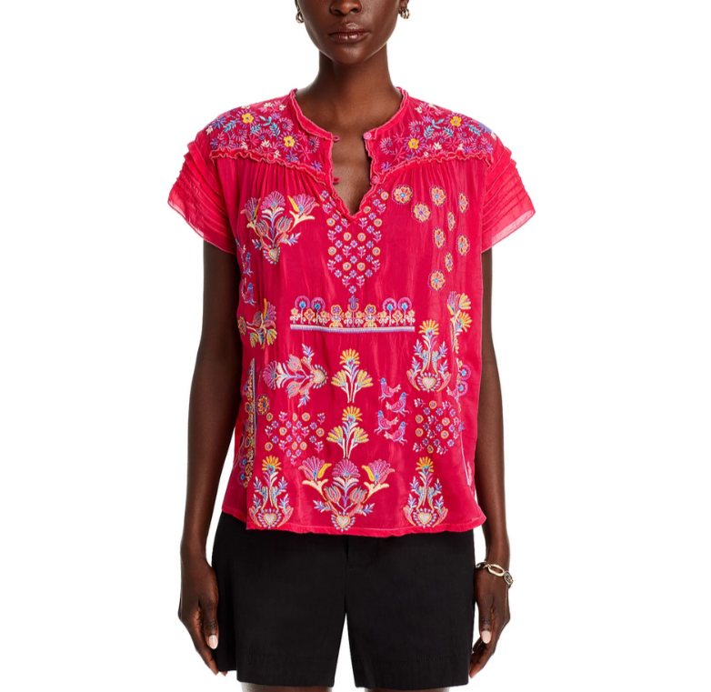 Johnny Was Laferet Embroidered Split Neck Blouse MSRP $295