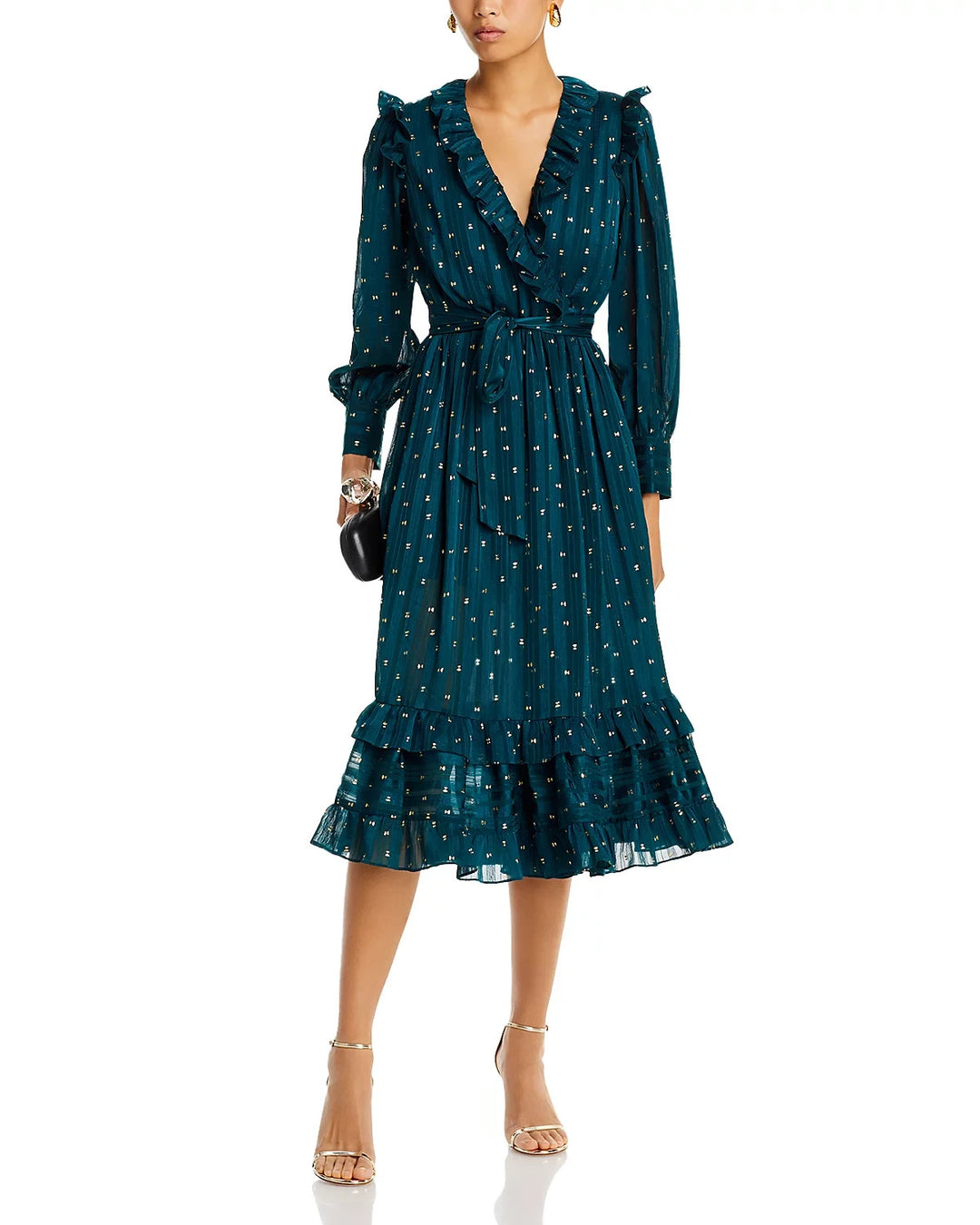 AQUA Ruffle Trim Clip Dot Midi Wrap Dress MSRP $128
