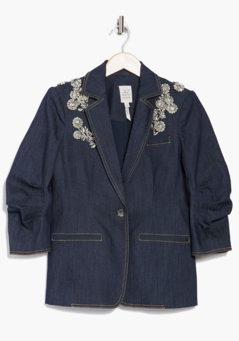 Cinq a Sept Embellished Khloe Crystal Chrysanthemum Denim Blazer MSRP $595