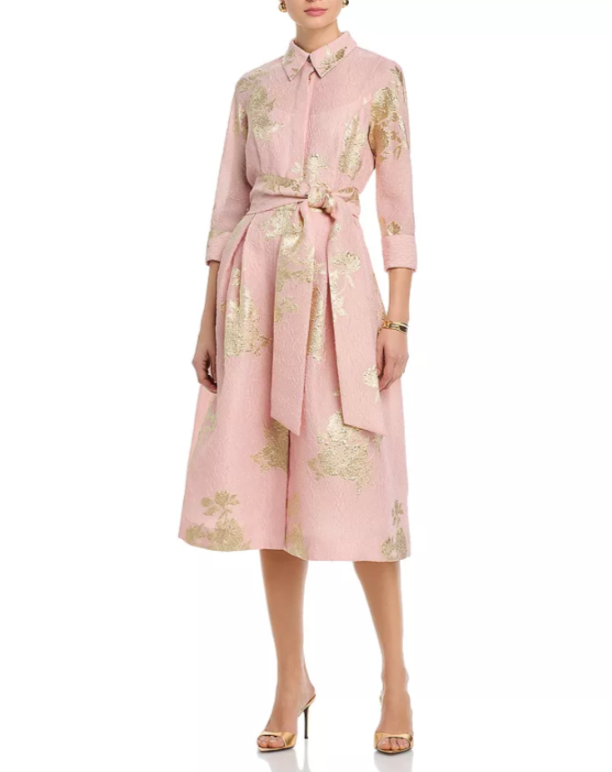 Teri Jon by Rickie Freeman Metallic Floral Jacquard Shirt Dress MSRP $680