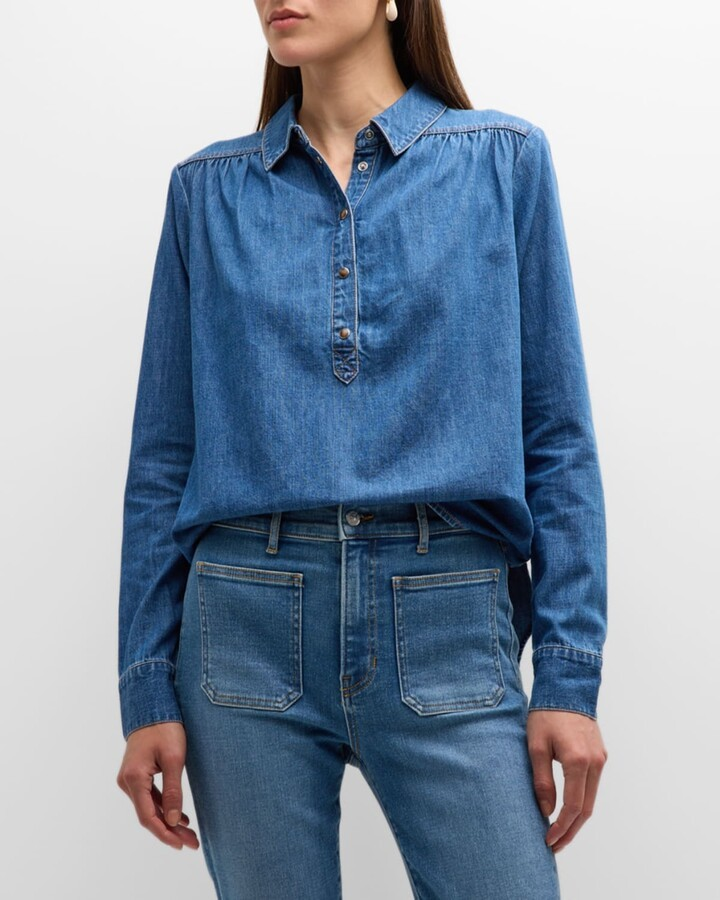 Veronica Beard Cambrie Denim Half-Button Shirt MSRP $298