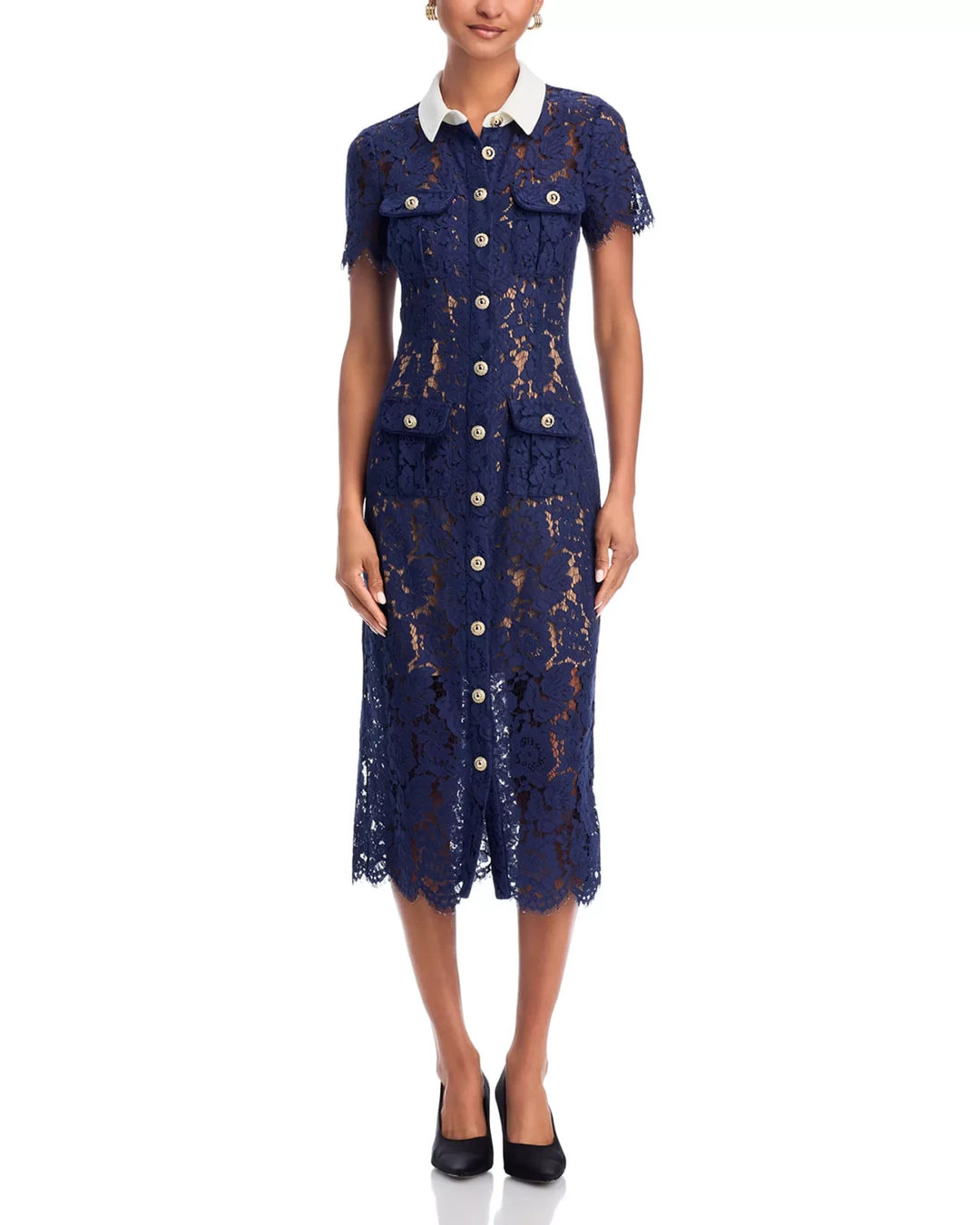 Self-Portrait Navy Lace Contrast Collar Midi Dress