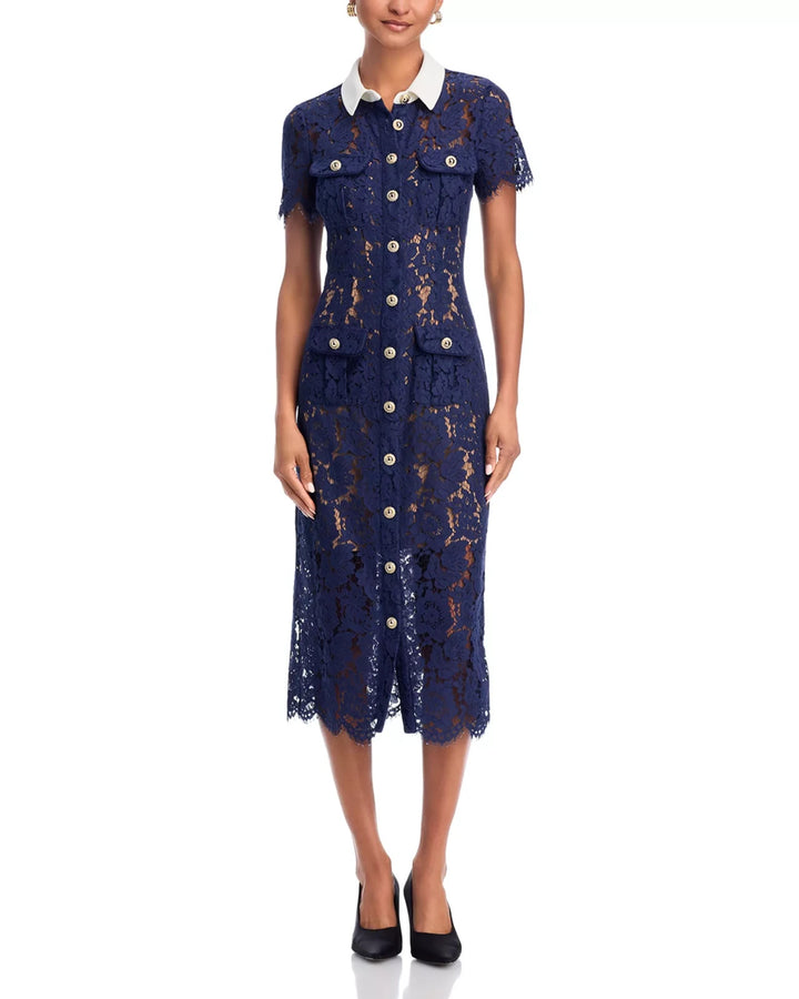 Self-Portrait Navy Lace Contrast Collar Midi Dress