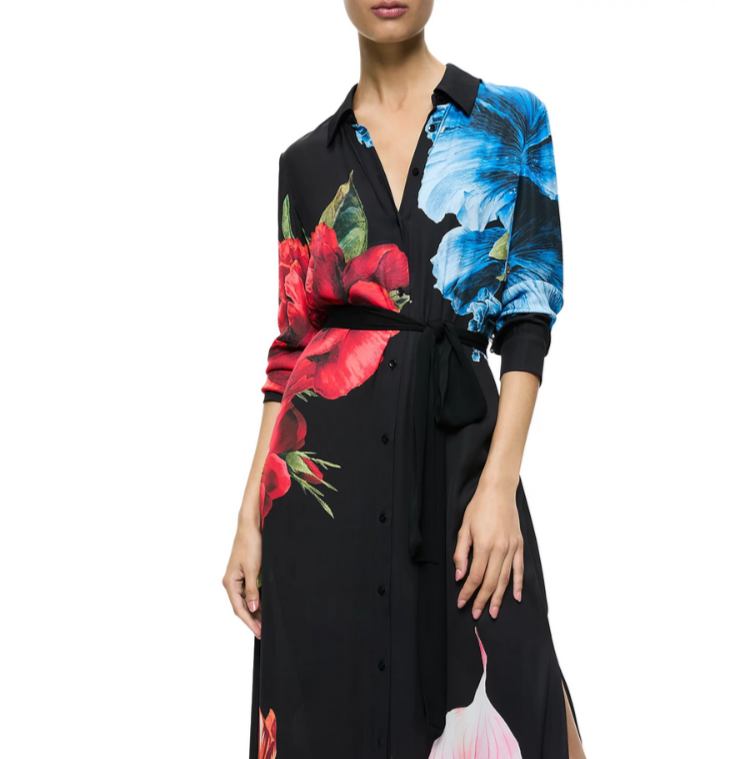 Alice and Olivia Chassidy Floral Maxi Shirt Dress MSRP $595