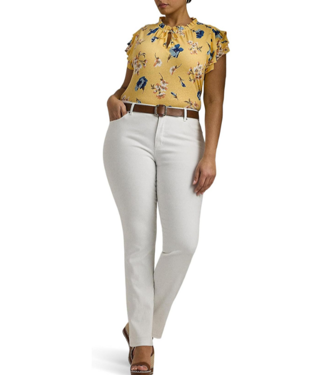 LAUREN RALPH LAUREN Plus Size Floral Linen-Blend Jersey Tie-Neck Top MSRP $115