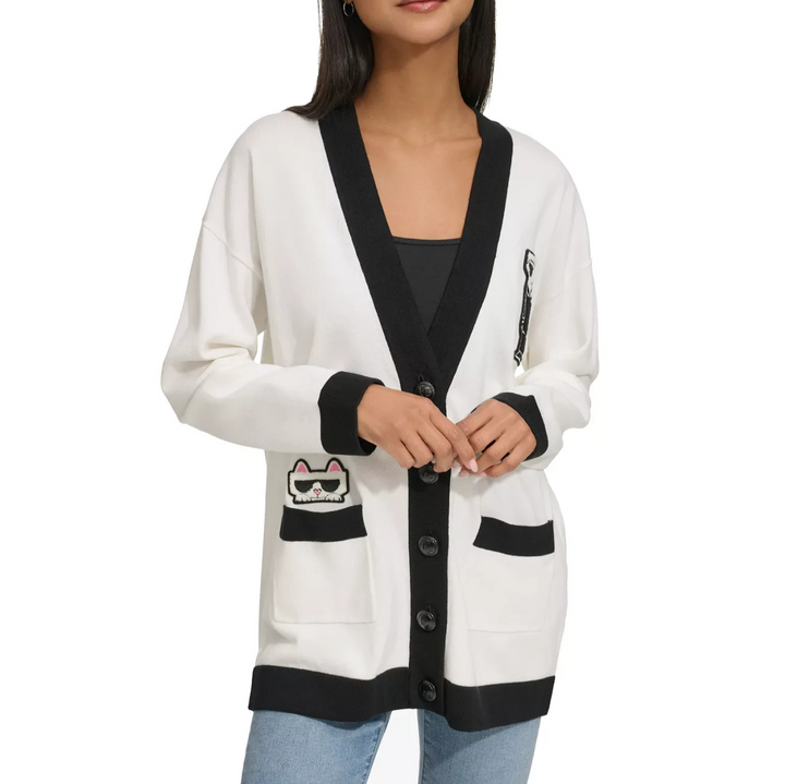KARL LAGERFELD PARIS Women's Varsity Logo-Patch Button Cardigan MSRP $129