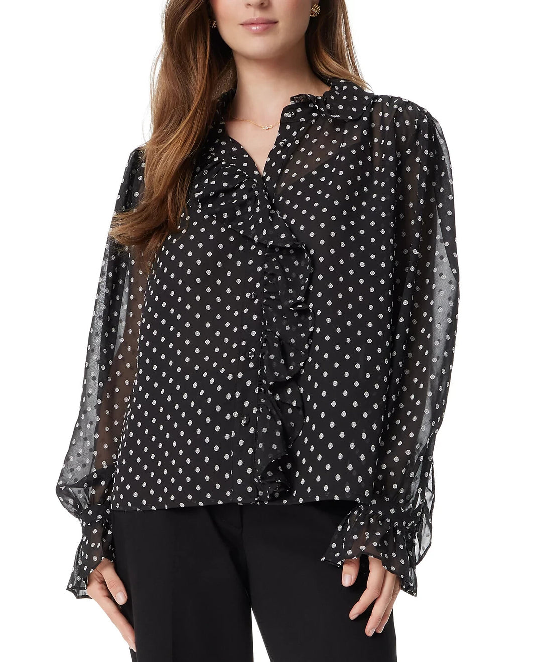 Sam Edelman Jasleen Ruffle Button-Down Clip-Dot Top MSRP $99