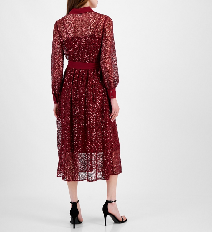 Anne Klein Women's Button-Front Tie-Waist Sequin Dress MSRP $159