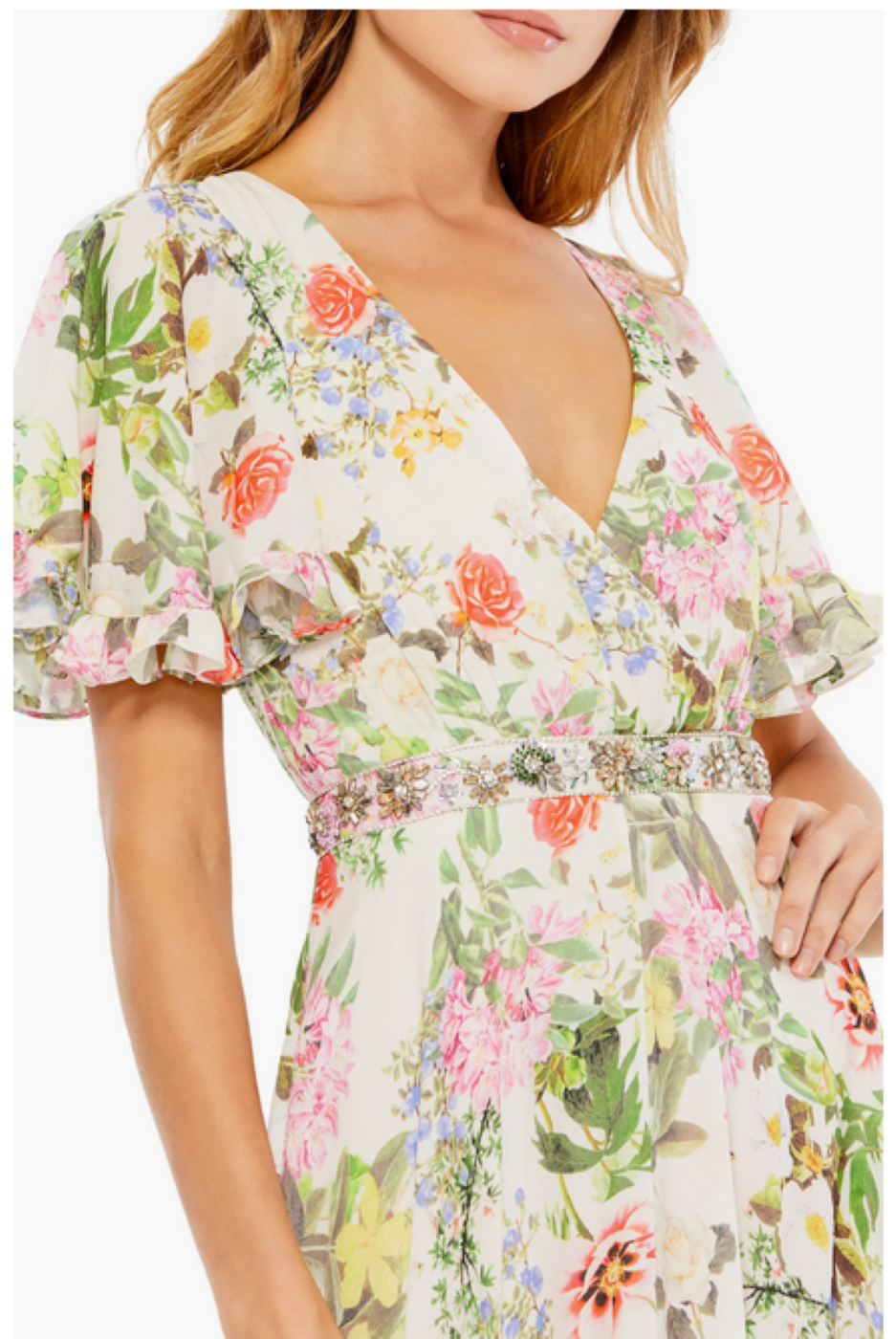 MAC DUGGAL Floral Print Faux Wrap Flutter Sleeve A-Line Gown MSRP $498
