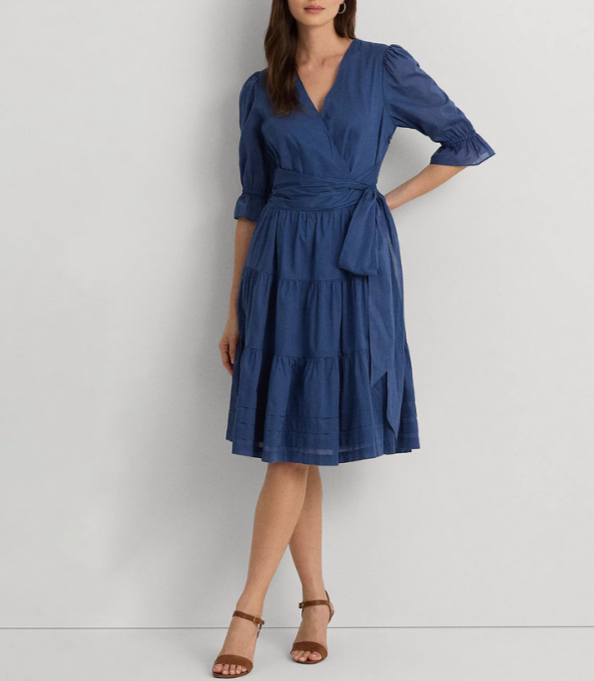 Lauren Ralph Lauren Tie-Front Cotton Voile Surplice Dress MSRP $225