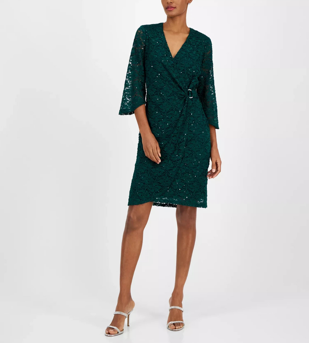 Connected Sequin-Lace 3/4-Sleeve Faux-Wrap Dress MSRP $99
