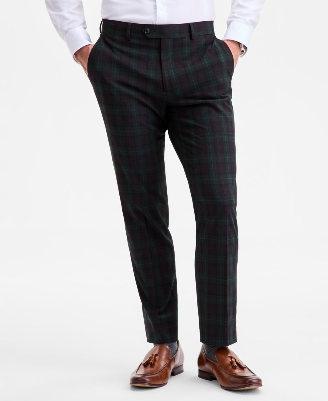 Bar III Men's Slim-Fit Green & Burgundy Plaid Suit Separate Pants MSRP $175