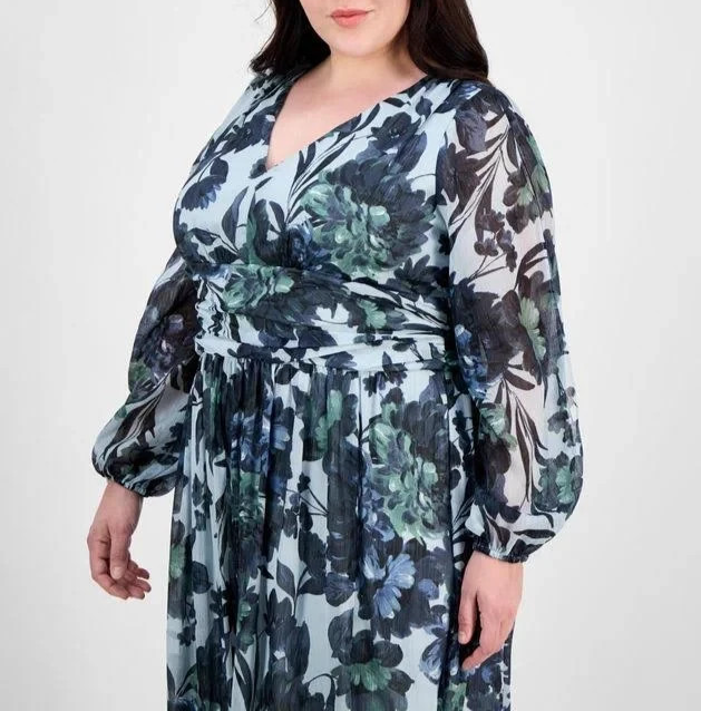 SL Fashions Plus Size Floral-Print Blouson-Sleeve Gown MSRP $149