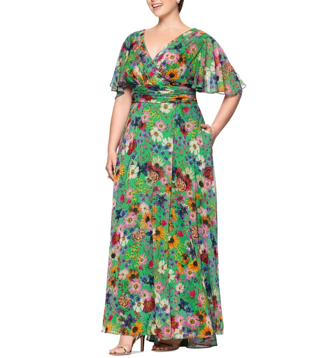 Betsy & Adam Plus Size Floral-Print Flutter-Sleeve A-Line Dress MSRP $289