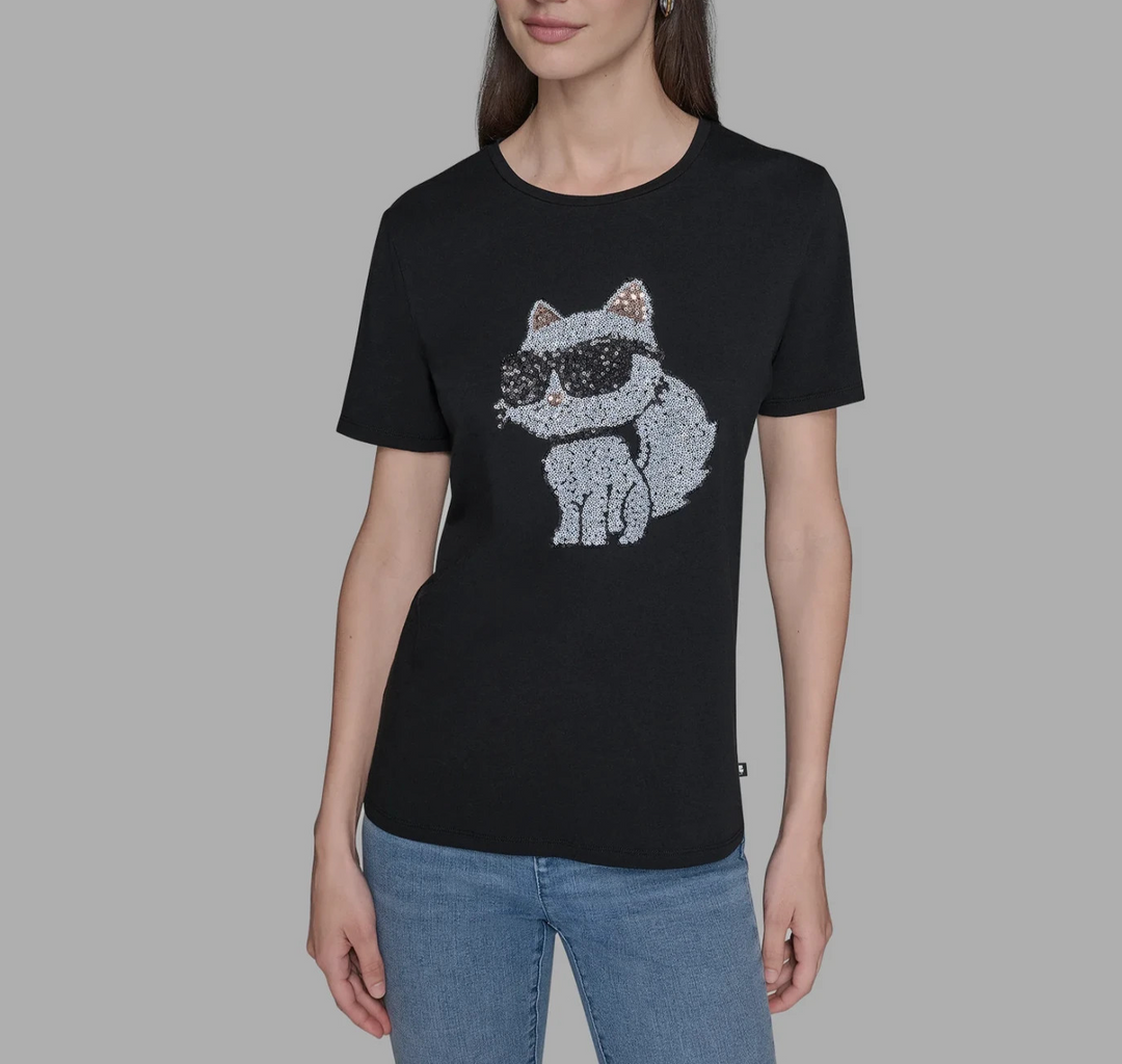 KARL LAGERFELD PARIS Women's Embellished Choupette Graphic T-Shirt MSRP $59 N
