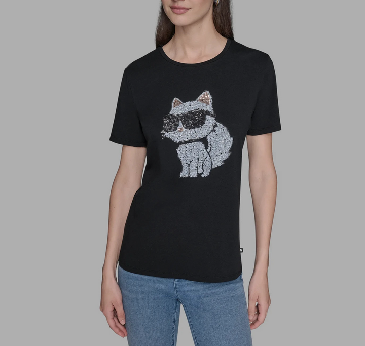 KARL LAGERFELD PARIS Women's Embellished Choupette Graphic T-Shirt MSRP $59 N