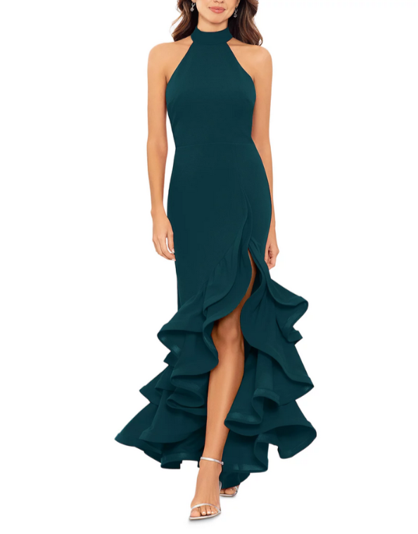 AQUA Racerback Ruffle Hem Gown MSRP $268