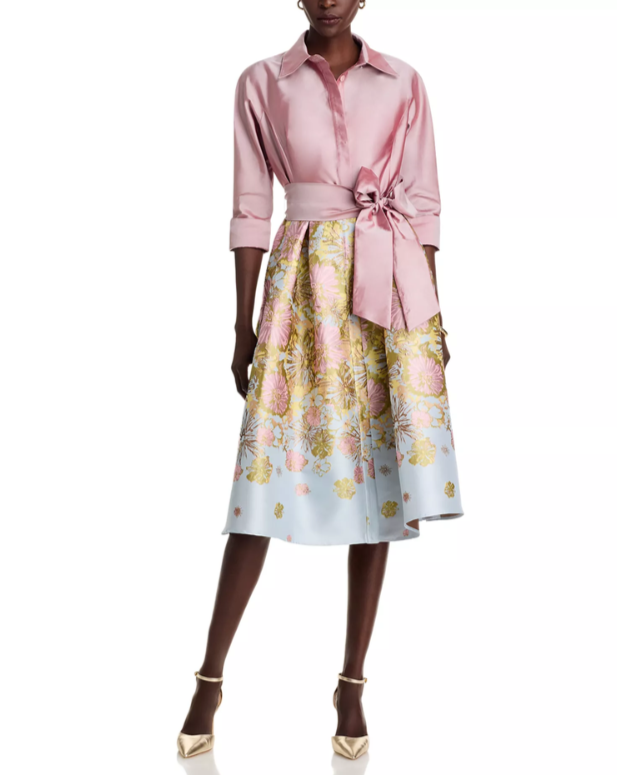 Teri Jon by Rickie Freeman Mixed Media Floral Jacquard Shirt Dress MSRP $610