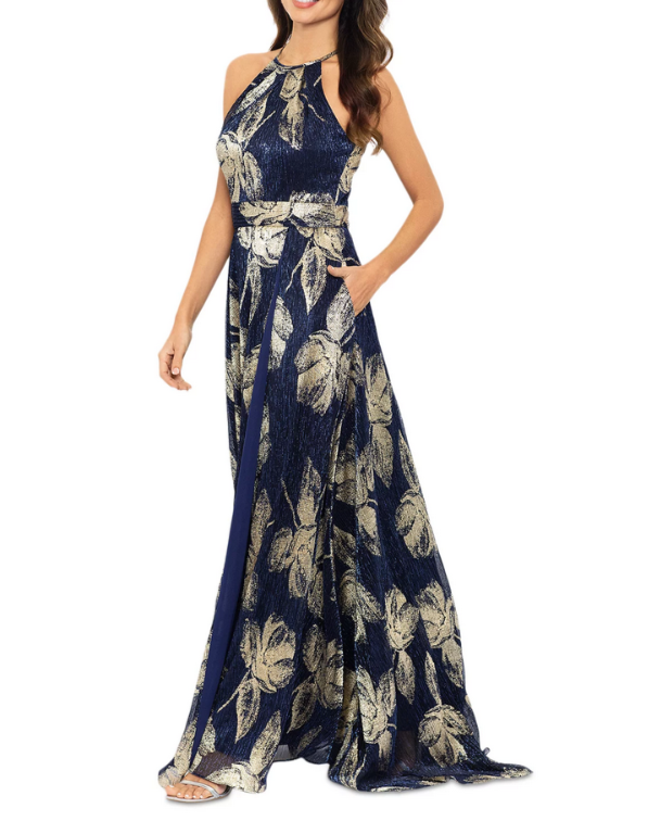 AQUA Floral Print Foil Halter Gown MSRP $298