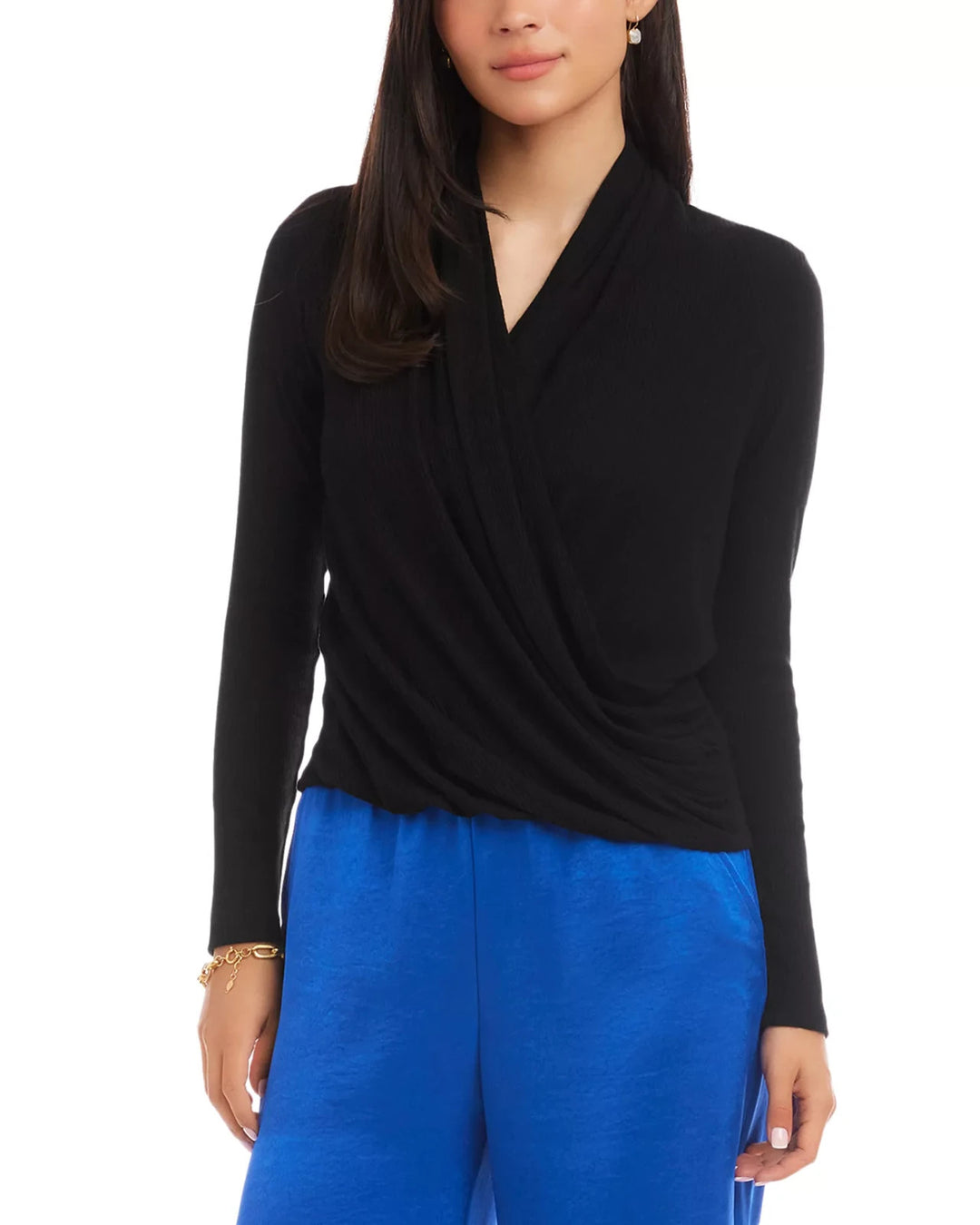 Karen Kane Long Sleeve Ribbed Drape Front Crossover Top MSRP $138