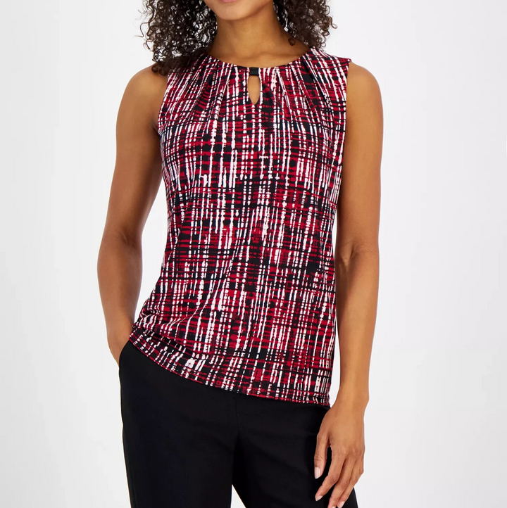 Kasper Women's Graphic-Print Pleat-Neck Sleeveless Knit Top MSRP $49