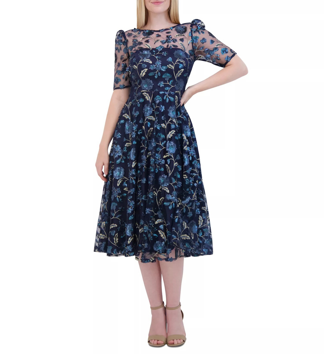 Eliza J Women's Floral Sequin Puff-Sleeve Fit & Flare Dress MSRP $298
