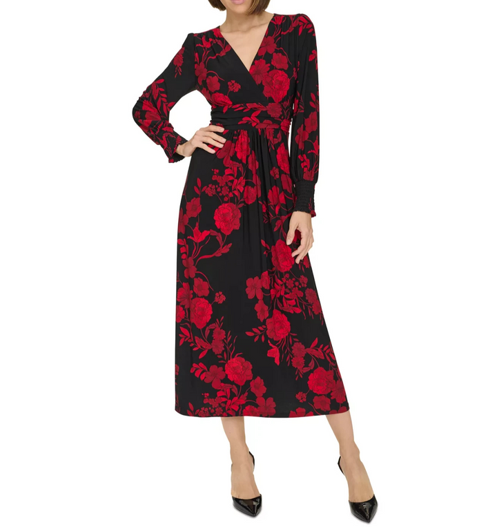 Tommy Hilfiger Floral Surplice-Neck Smocked-Cuff Dress MSRP $119