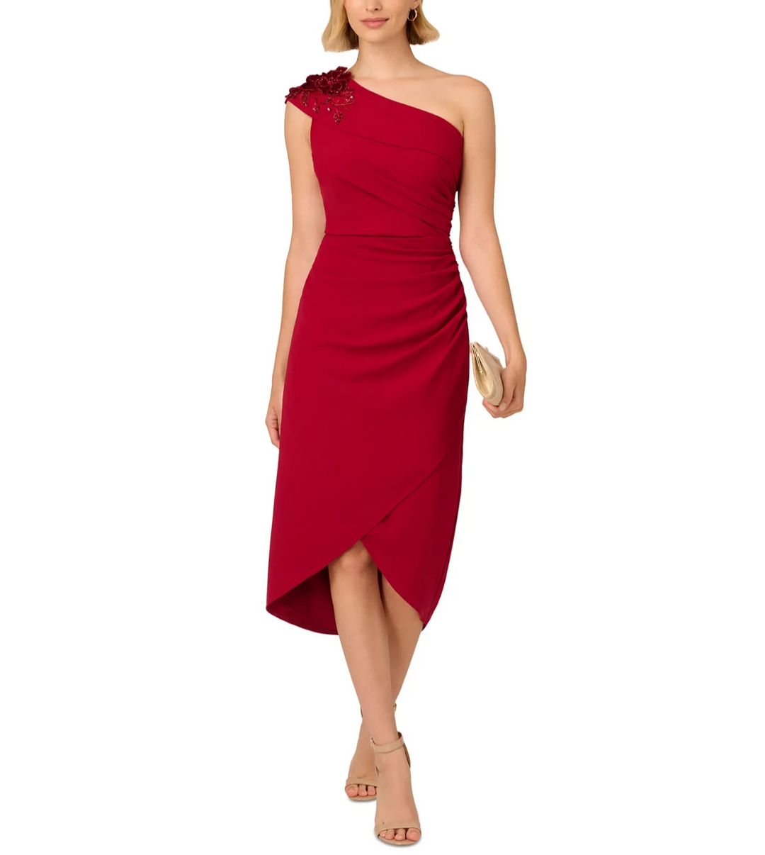 Adrianna Papell Petite Beaded-Shoulder Ruched-Side Dress - Cranberry
