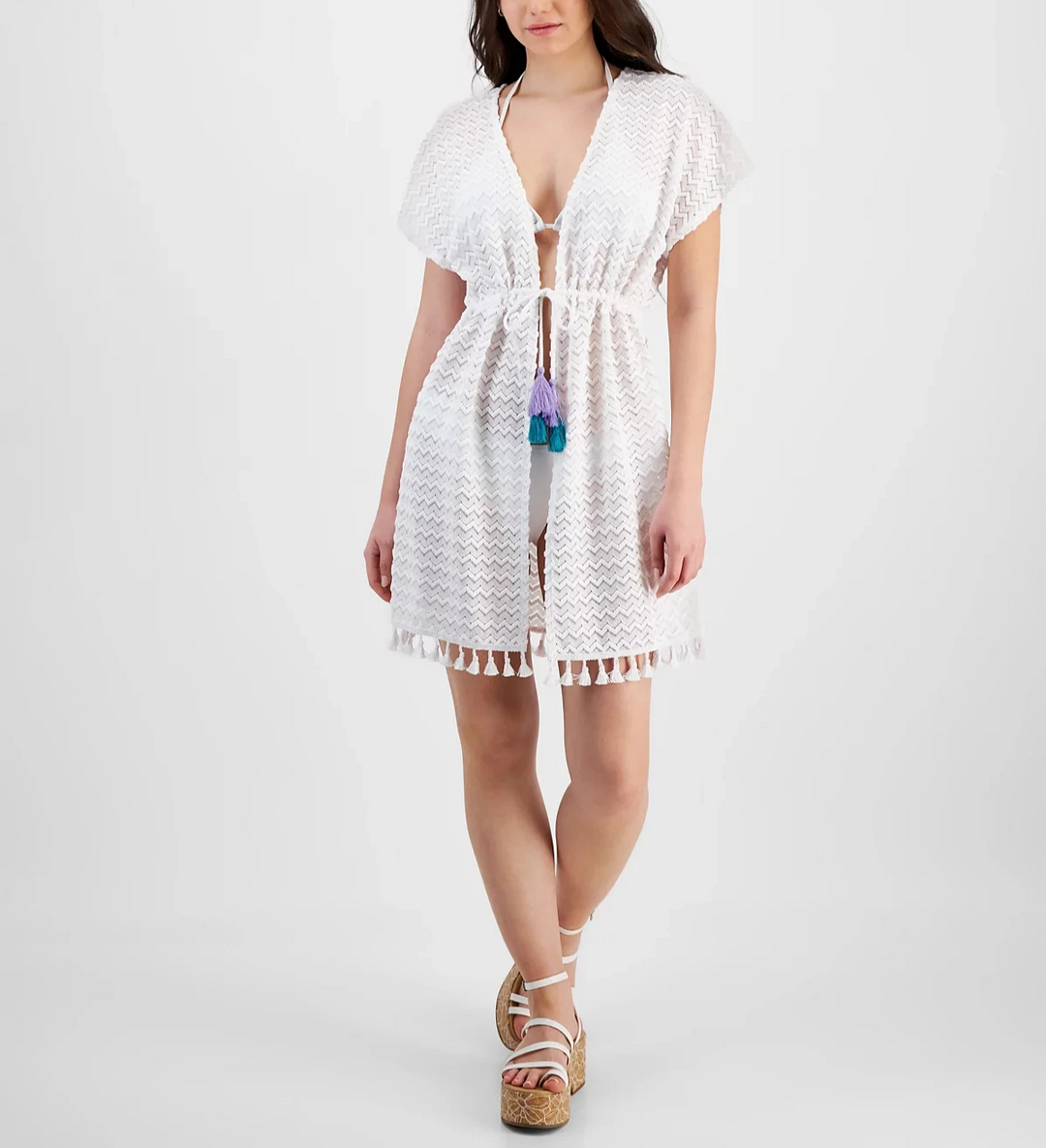 Miken Juniors' Crochet Tassel-Trimmed Tie-Front Kimono Cover-Up MSRP $34