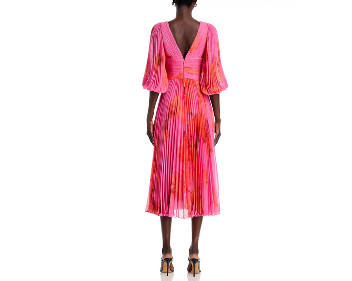 Teri Jon by Rickie Freeman Printed Chiffon Pleated Dress MSRP $710