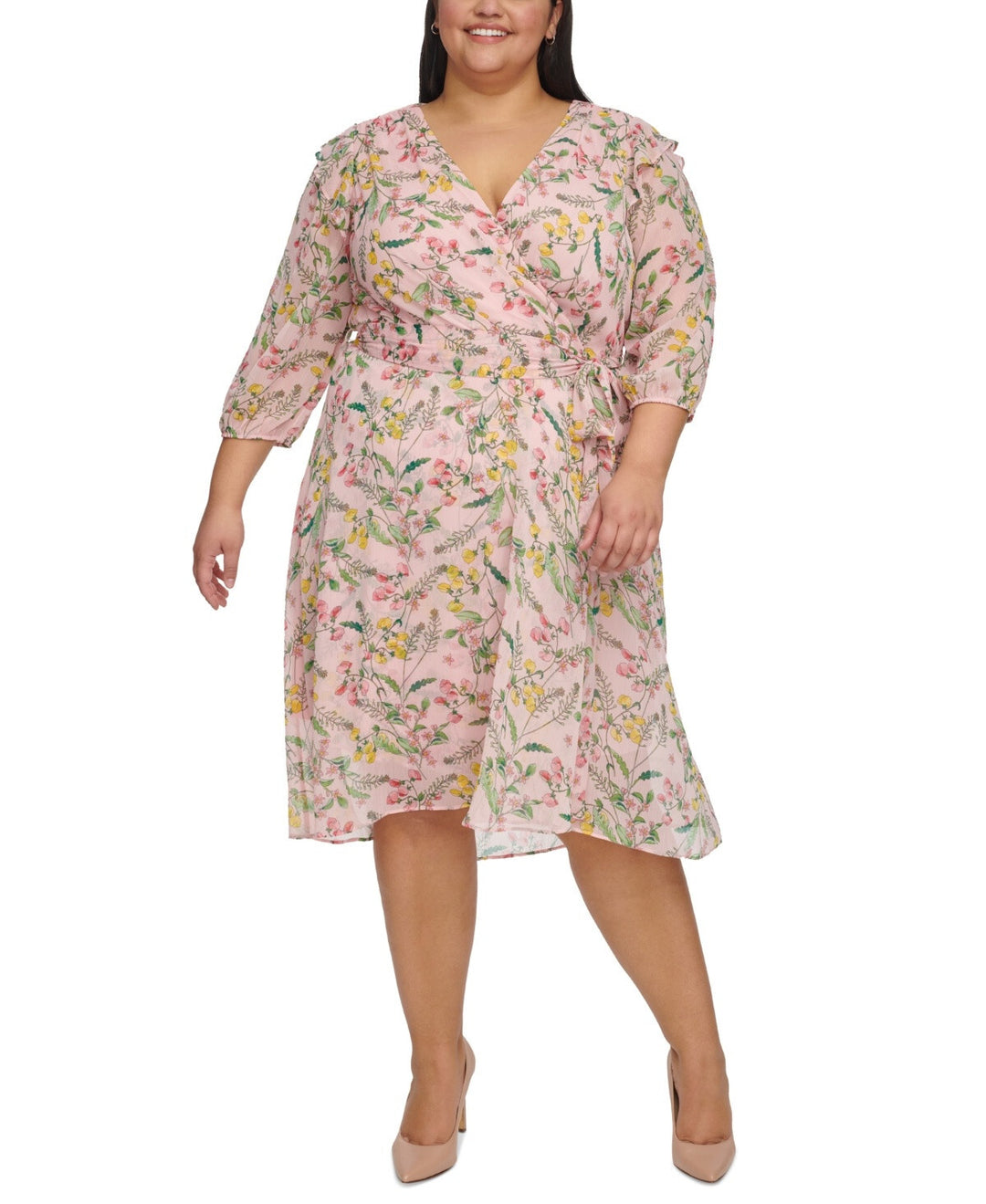 Tommy Hilfiger Plus Size Floral Chiffon 3/4-Sleeve Midi Dress MSRP $149