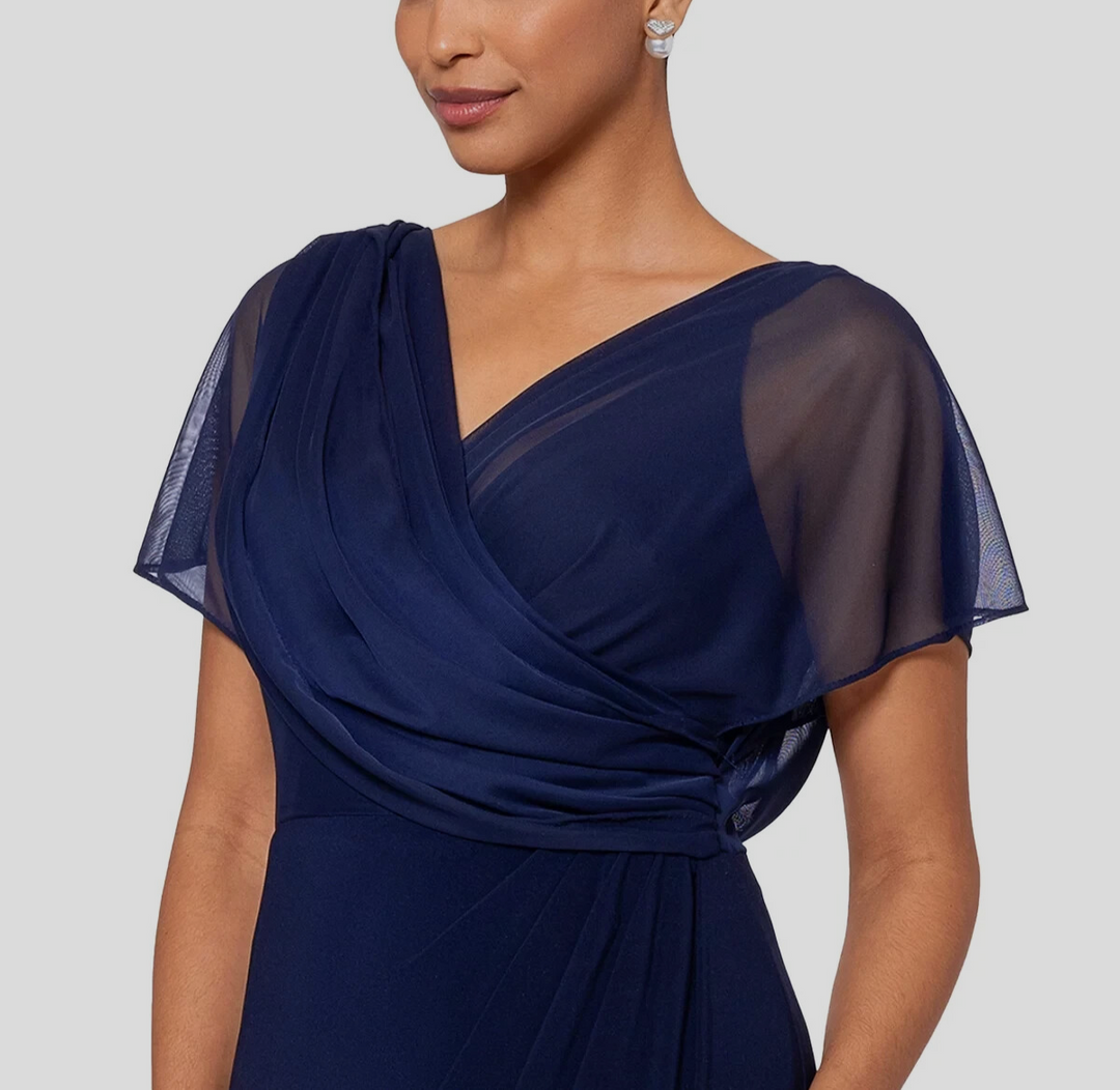 B&A By Betsy & Adam Draped-Mesh V-Neck Evening Dress MSRP $149