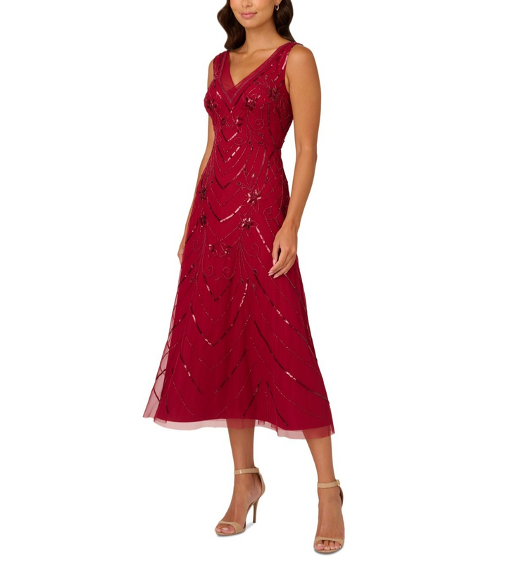 Adrianna Papell Beaded V-Neck Sleeveless Mesh Dress MSRP $159