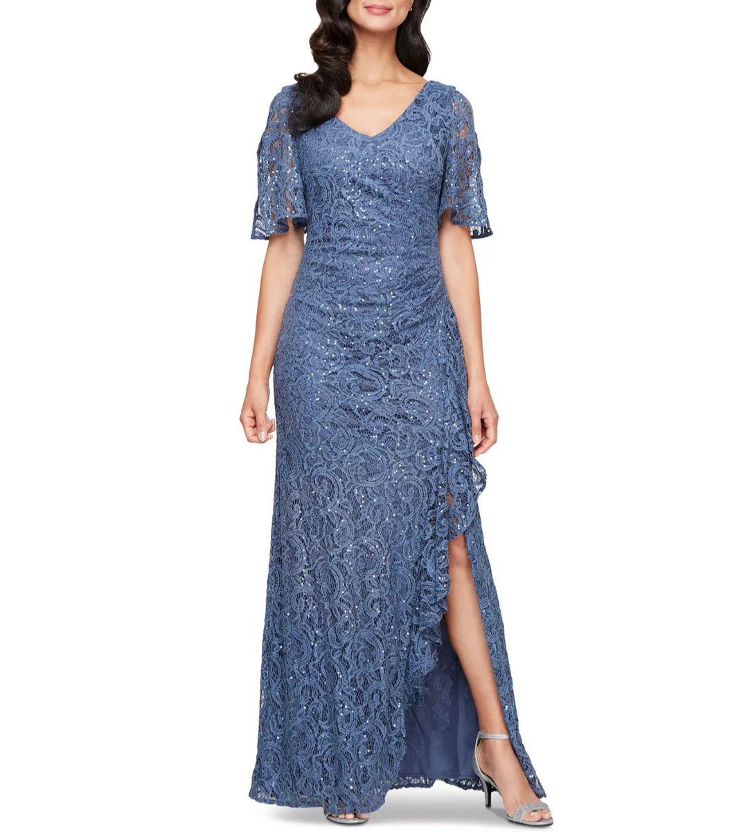 Alex Evenings Women's Sequinned-Lace Cold-Shoulder Gown MSRP $219