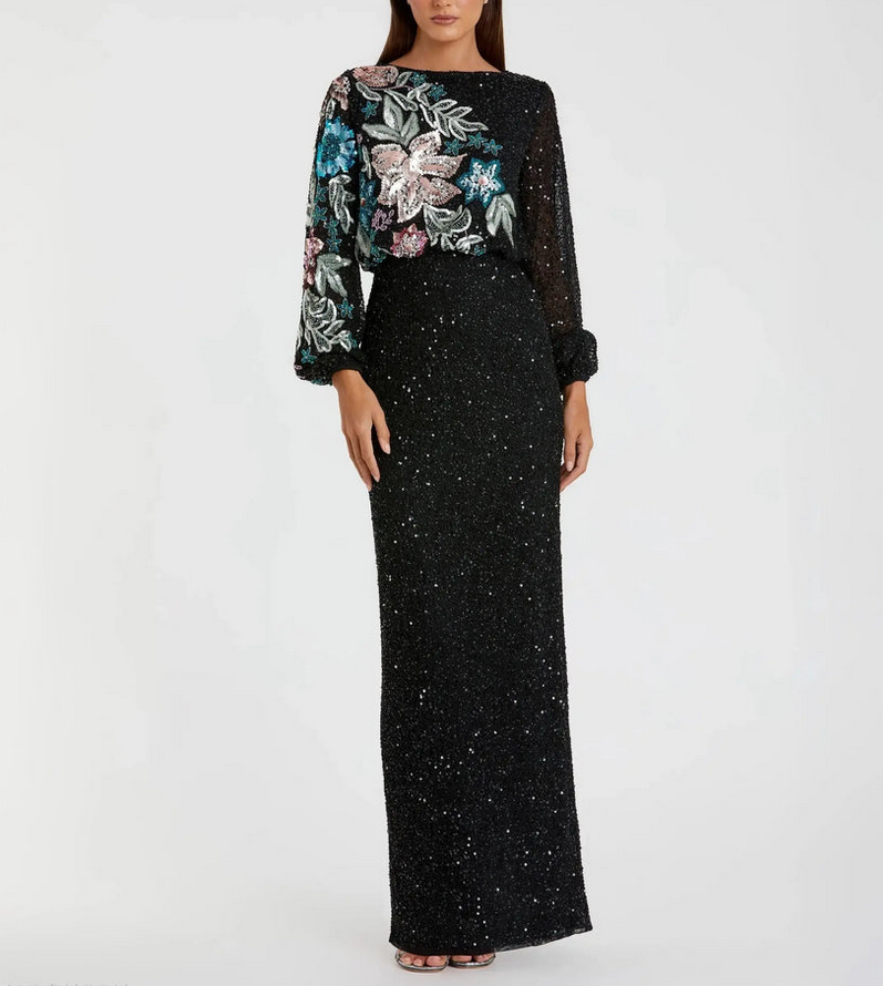 Mac Duggal Embellished Sequin Long Sleeve Blouson Gown MSRP $598