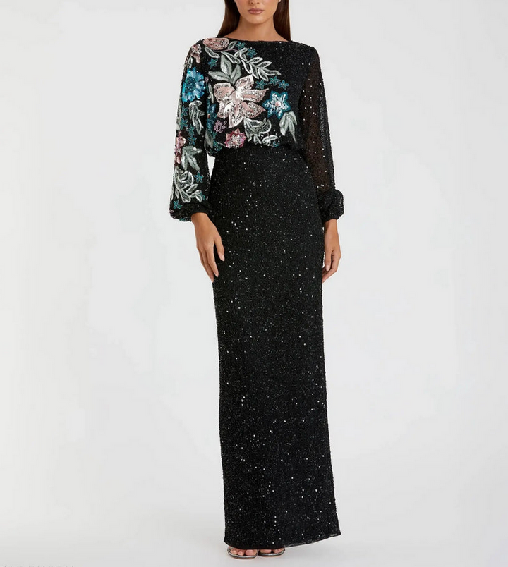 Mac Duggal Embellished Sequin Long Sleeve Blouson Gown MSRP $598