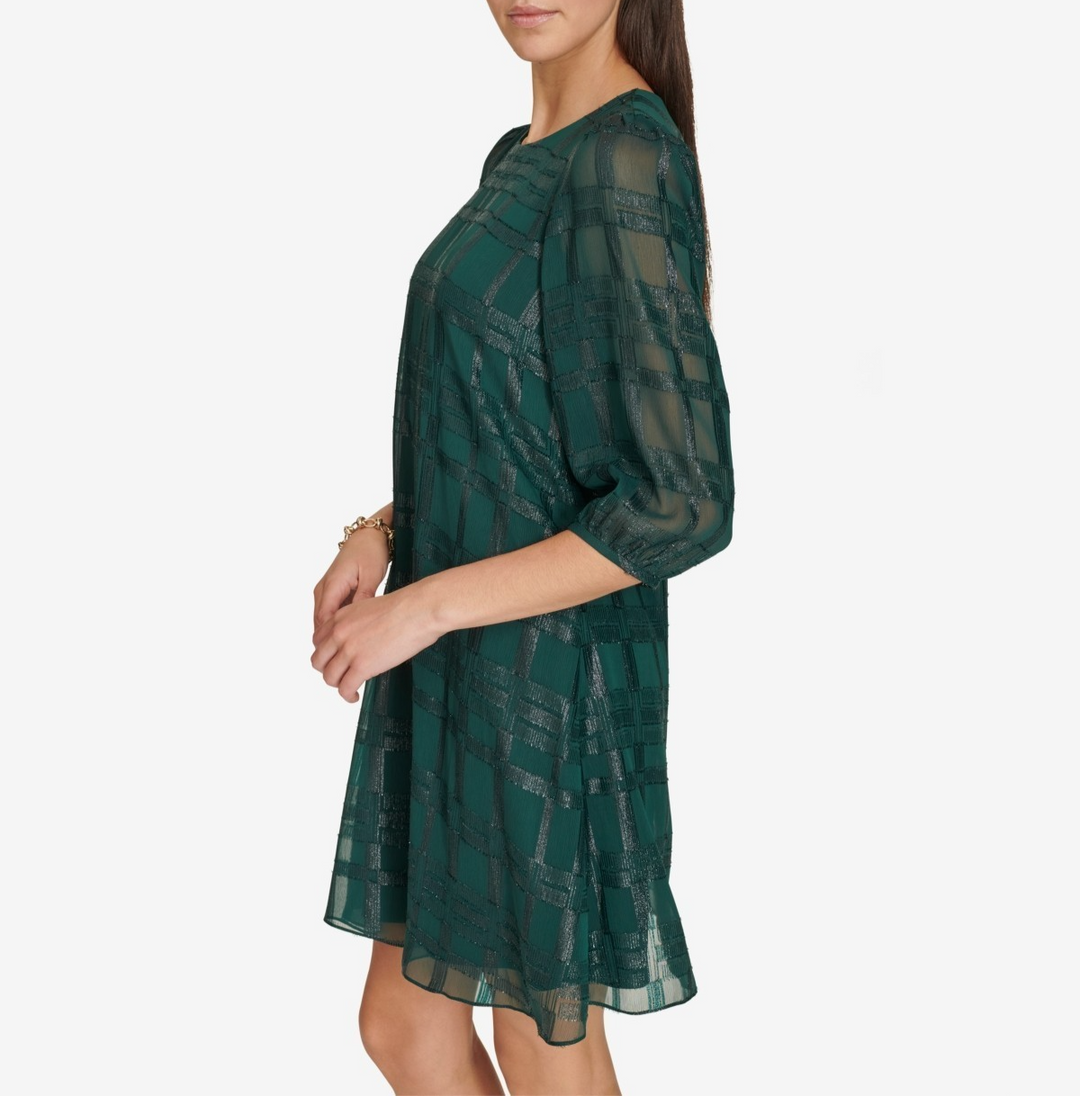 Calvin Klein Petite Metallic Plaid Chiffon 3/4-Sleeve Dress MSRP $139