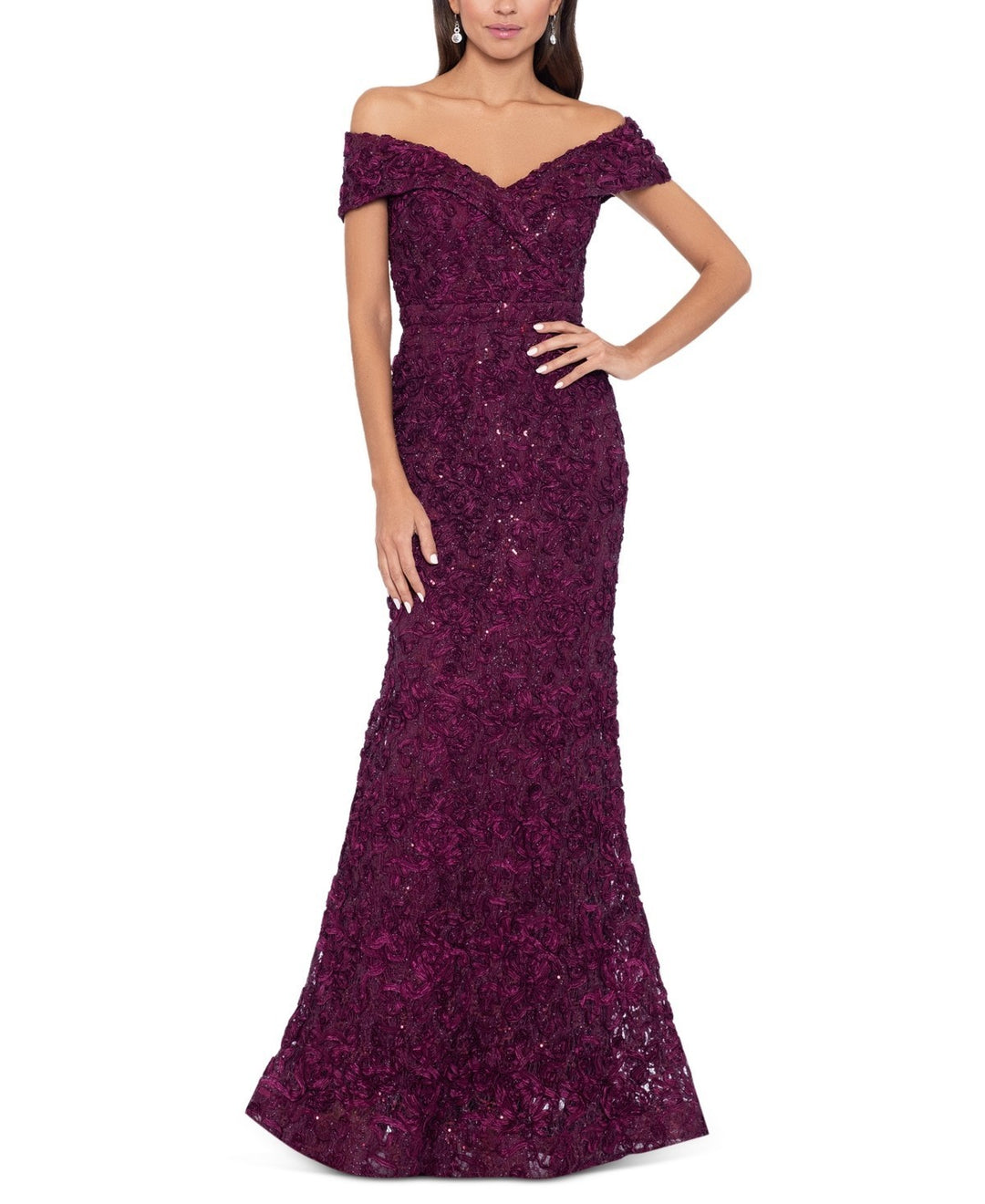 XSCAPE Off-The-Shoulder Lace Gown MSRP $289