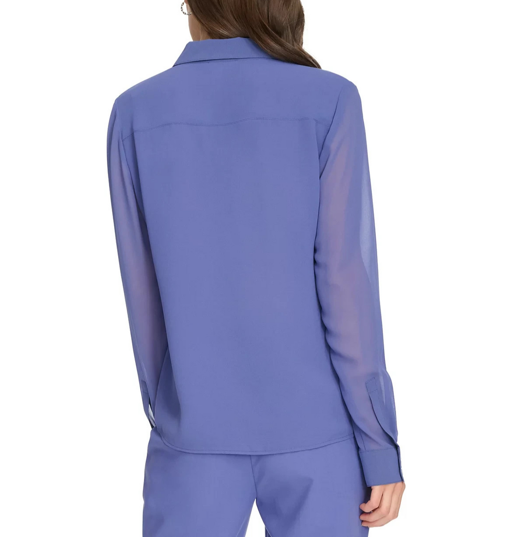 Calvin Klein Petite Ruffle-Front Long-Sleeve Blouse MSRP $74