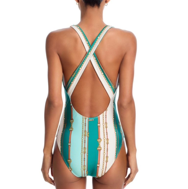 L'AGENCE Lisa Striped Belted Swimsuit MSRP $260