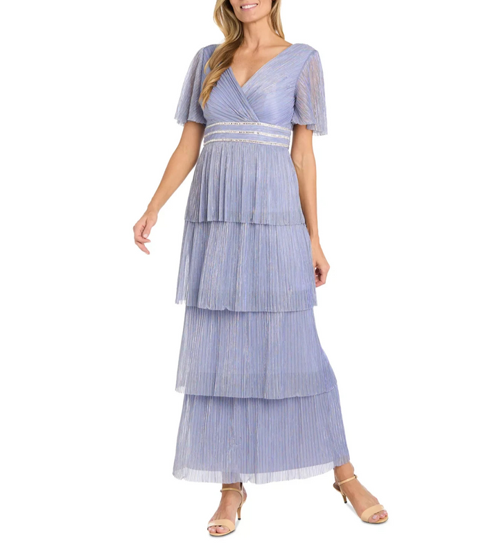 R & M Richards Women's Tiered Rhinestone-Waist Pleated Gown MSRP $149