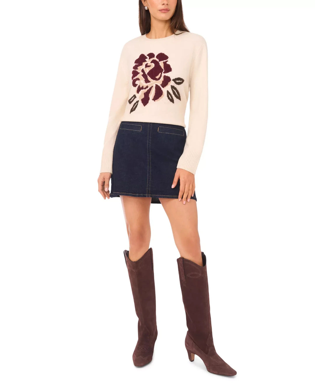 Vince Camuto Crewneck Rose Motif Long-Sleeve Sweater MSRP $79
