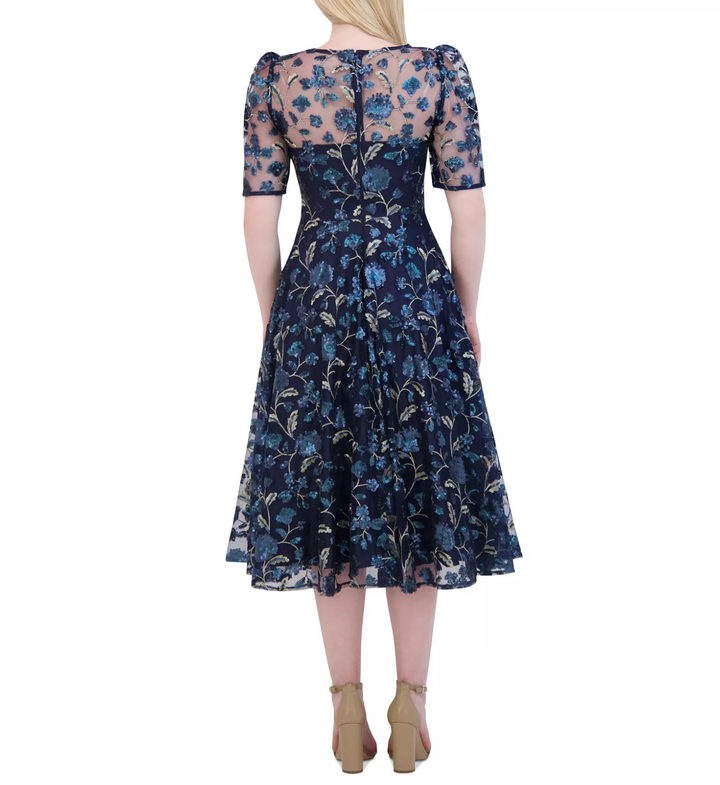 Eliza J Petite Boat-Neck Floral-Sequin Midi Dress MSRP $298
