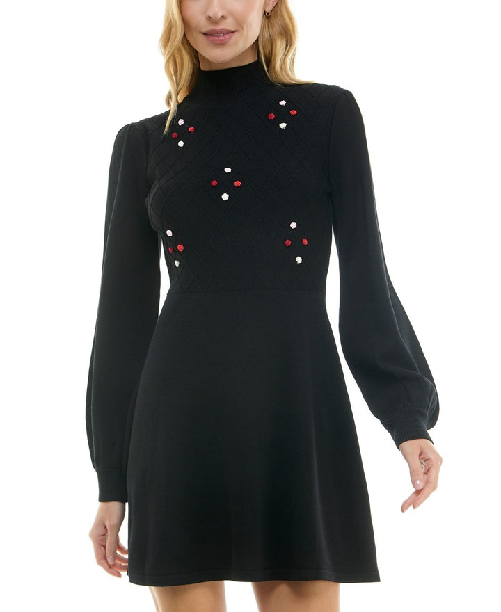 Crystal Doll Juniors' Rosette Turtleneck Blouson-Sleeve Sweater Dress MSRP $69