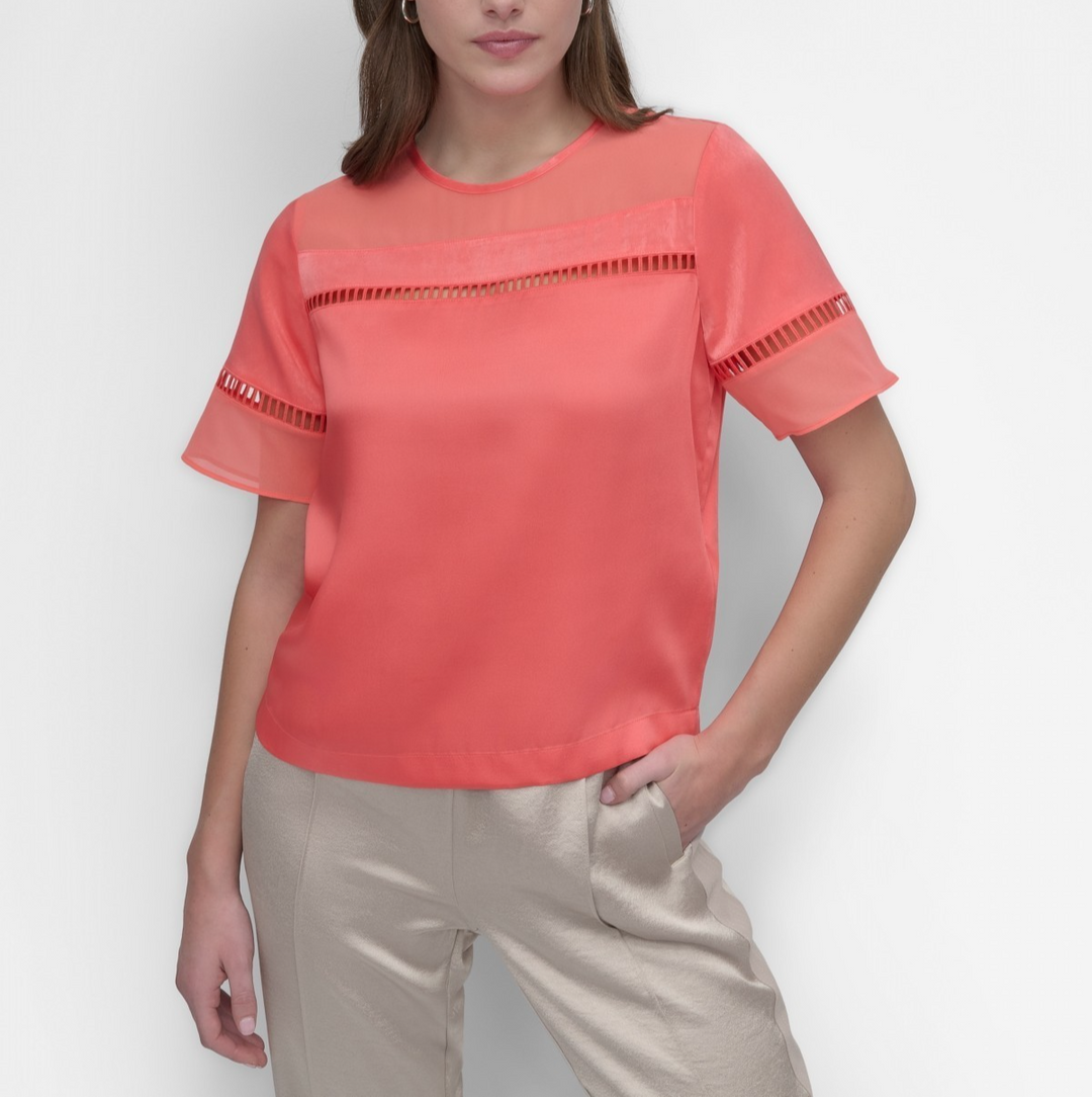 DKNY Women's Crewneck Ladder-Lace-Inset Short-Sleeve Top MSRP $69