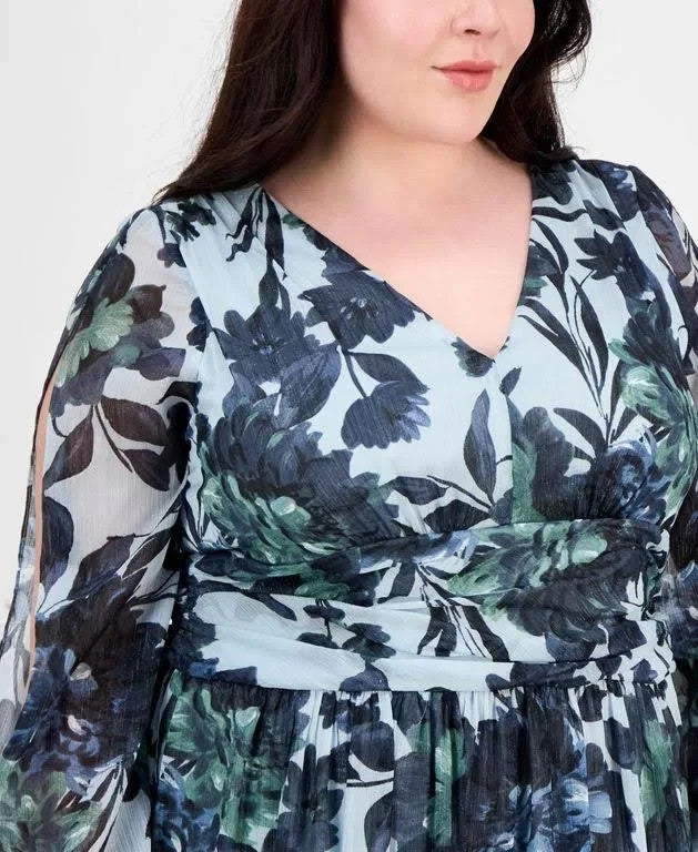 SL Fashions Plus Size Floral-Print Blouson-Sleeve Gown MSRP $149