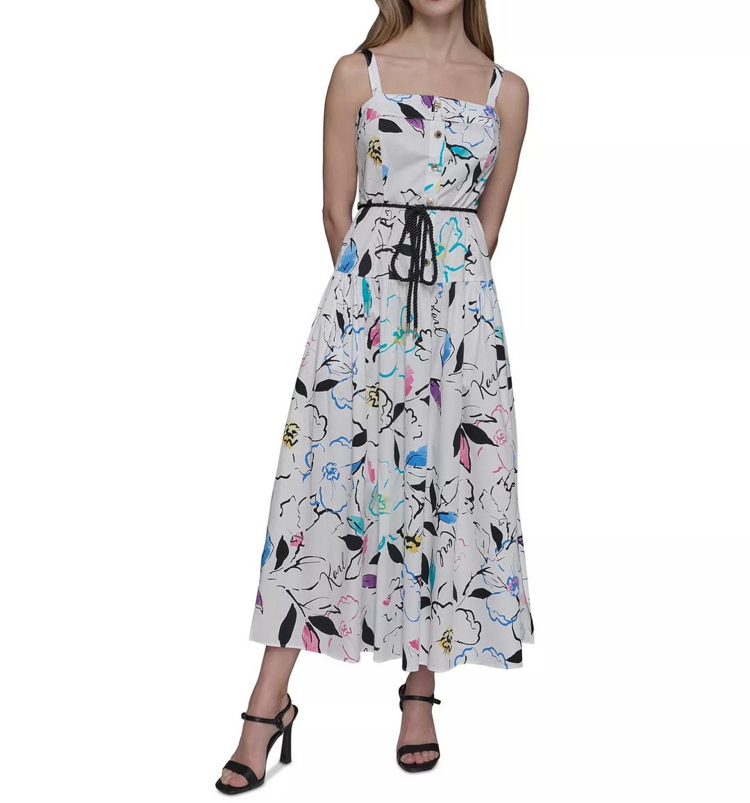 KARL LAGERFELD PARIS Women's Printed Square-Neck Midi Dress MSRP $168