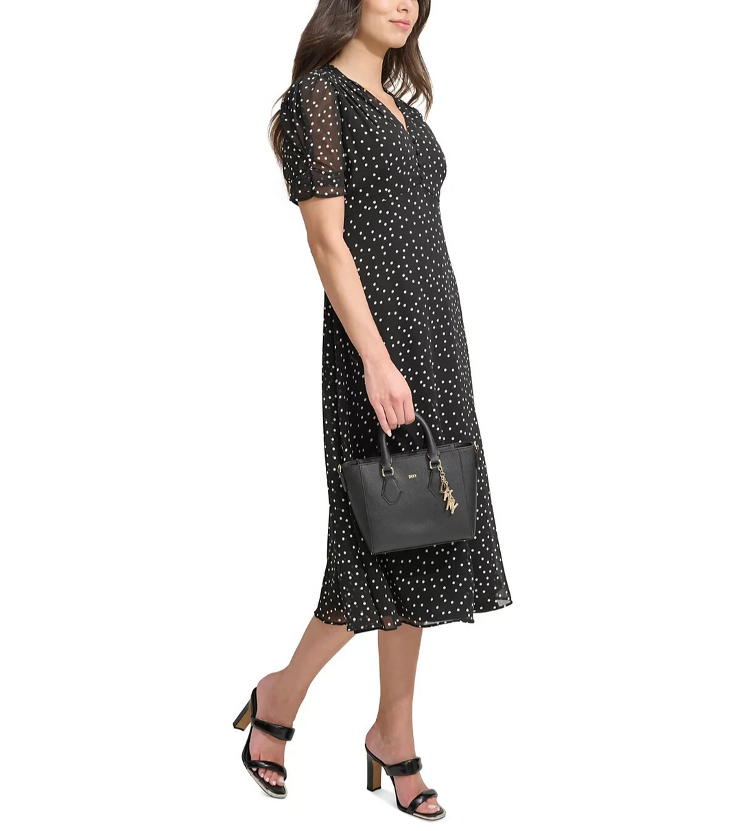 DKNY Polka-Dot V-Neck Button-Trim Midi Dress MSRP $134