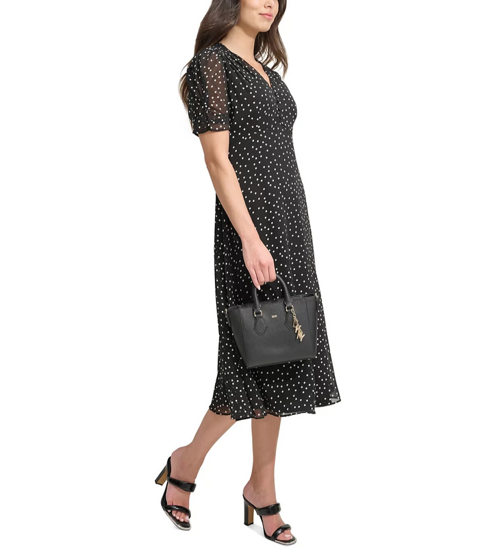 DKNY Polka-Dot V-Neck Button-Trim Midi Dress MSRP $134